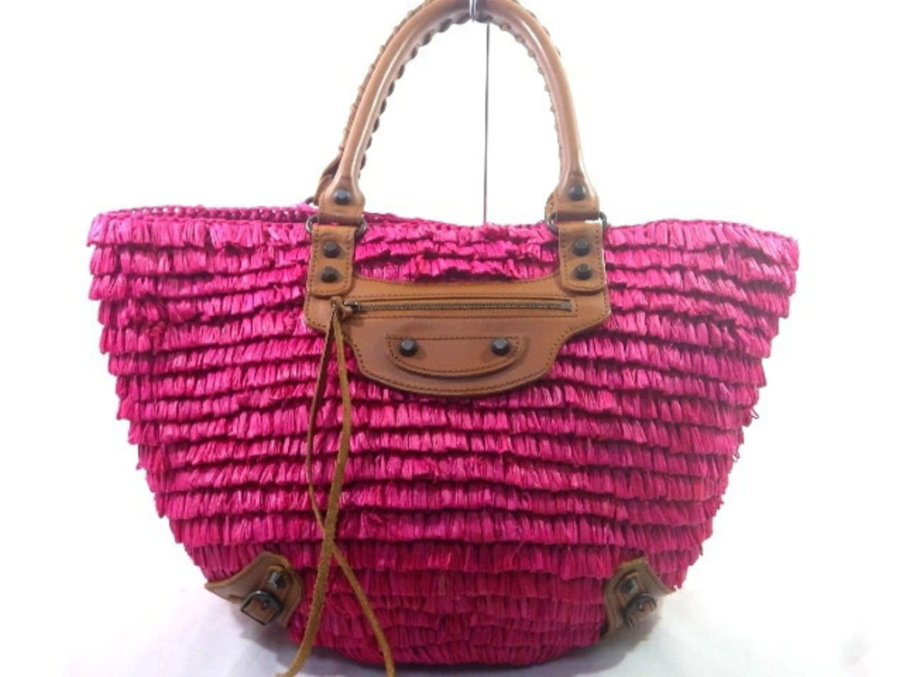 Balenciaga Pink Woven Raffia Arena Tote Bag